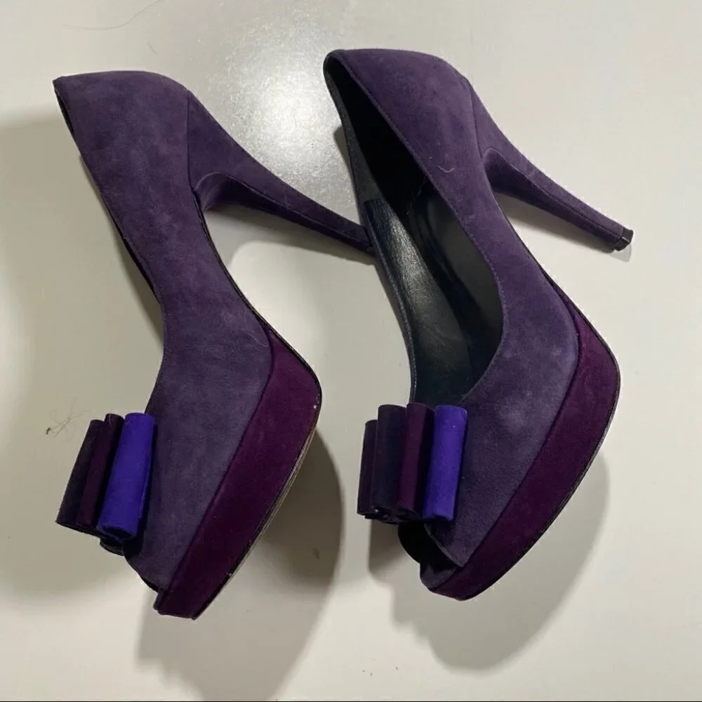 Stuart Wietzman Backpage Pumps Purple Suede Chunky Platform Heels